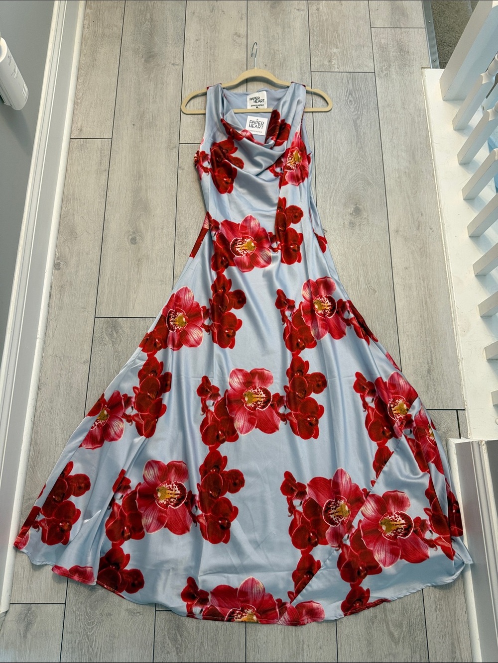 PAPER HEART Light Blue Dress with Red Floral Print, M